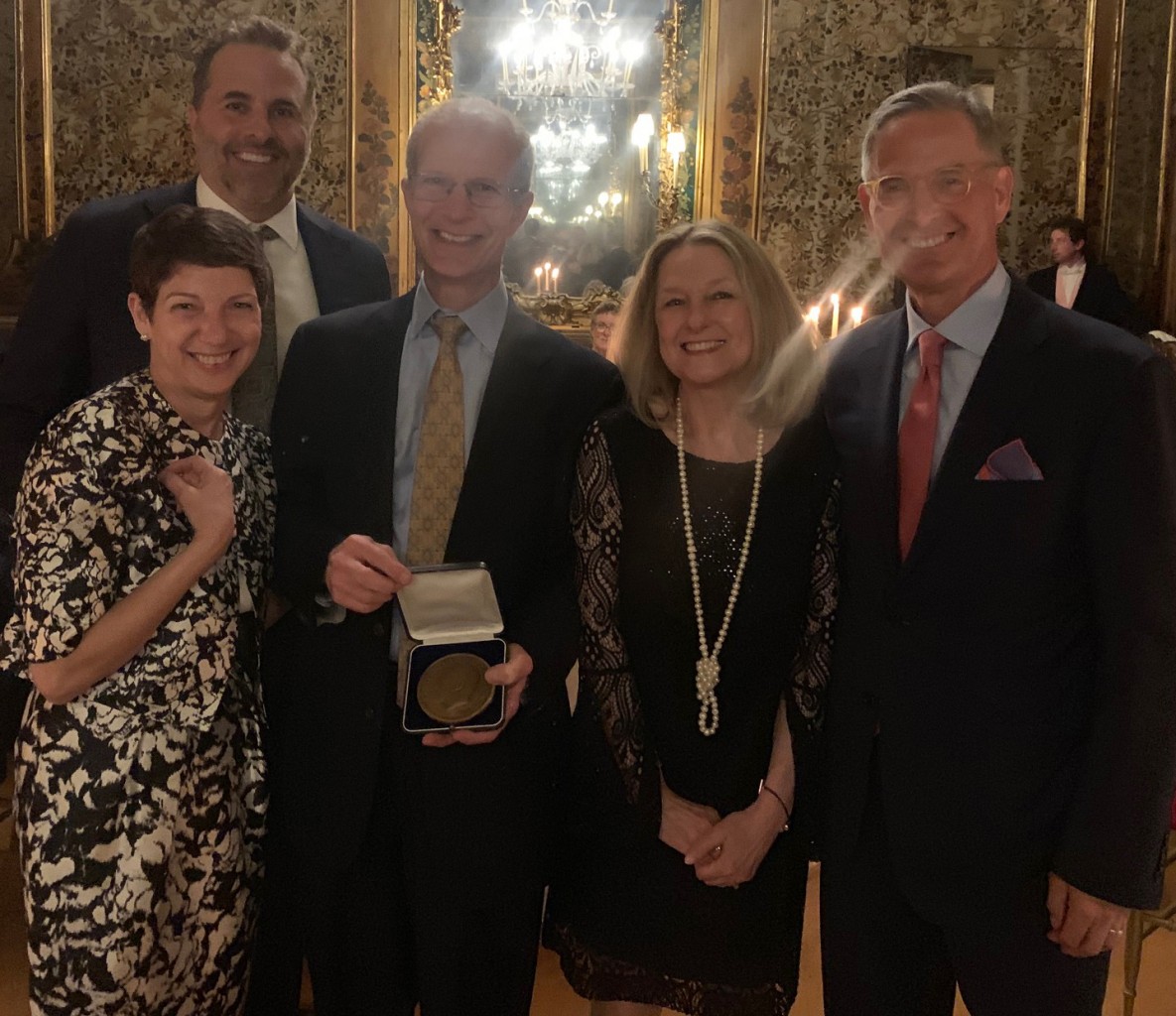 Libby Morris, new Board Chair   past parent, Eric Mayer, Head Master, Jeff Schon, outgoing Board Chair   class of  69, Joelle Schon, class of  69, Rick Routhier, Past Board Chair   class of  69